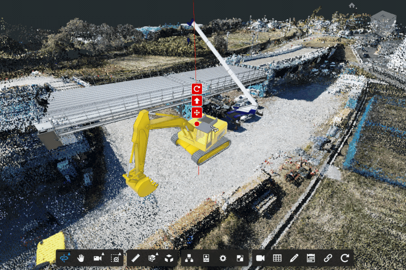 SketchUpの建機モデルを位置合わせツールで配置している様子